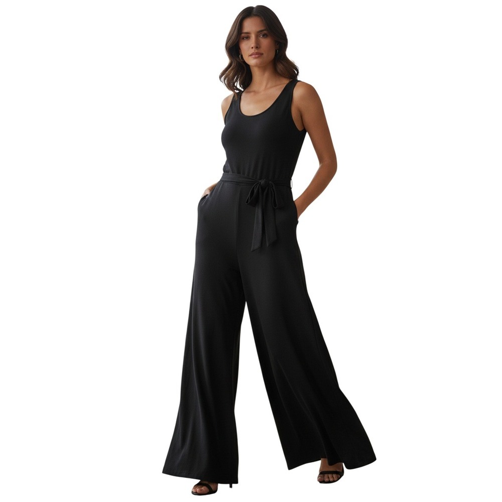 Black Wide Leg Jumpsuit Sleeveless‎ Belted Wrap Style Womens Medium